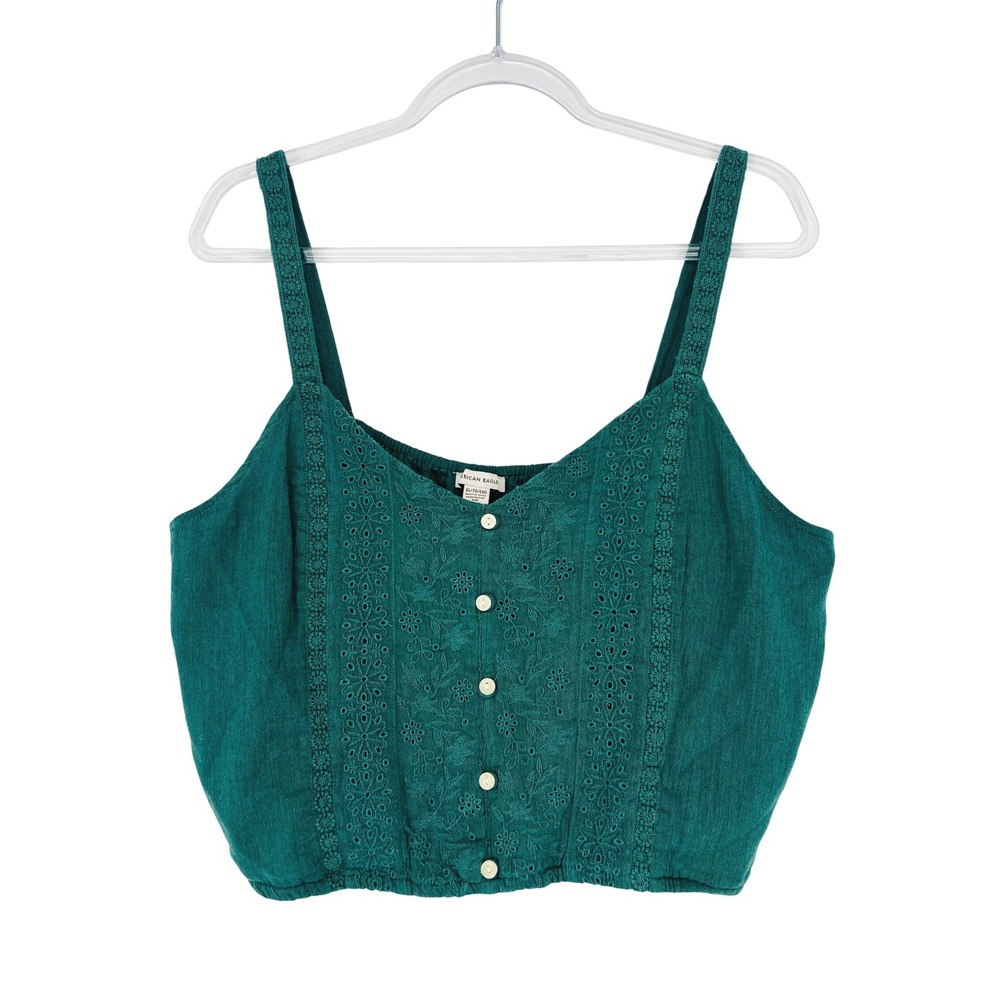 American Eagle Green Eyelet Embroidered Crop Top XL‎ Boho Y2K Coquette festival